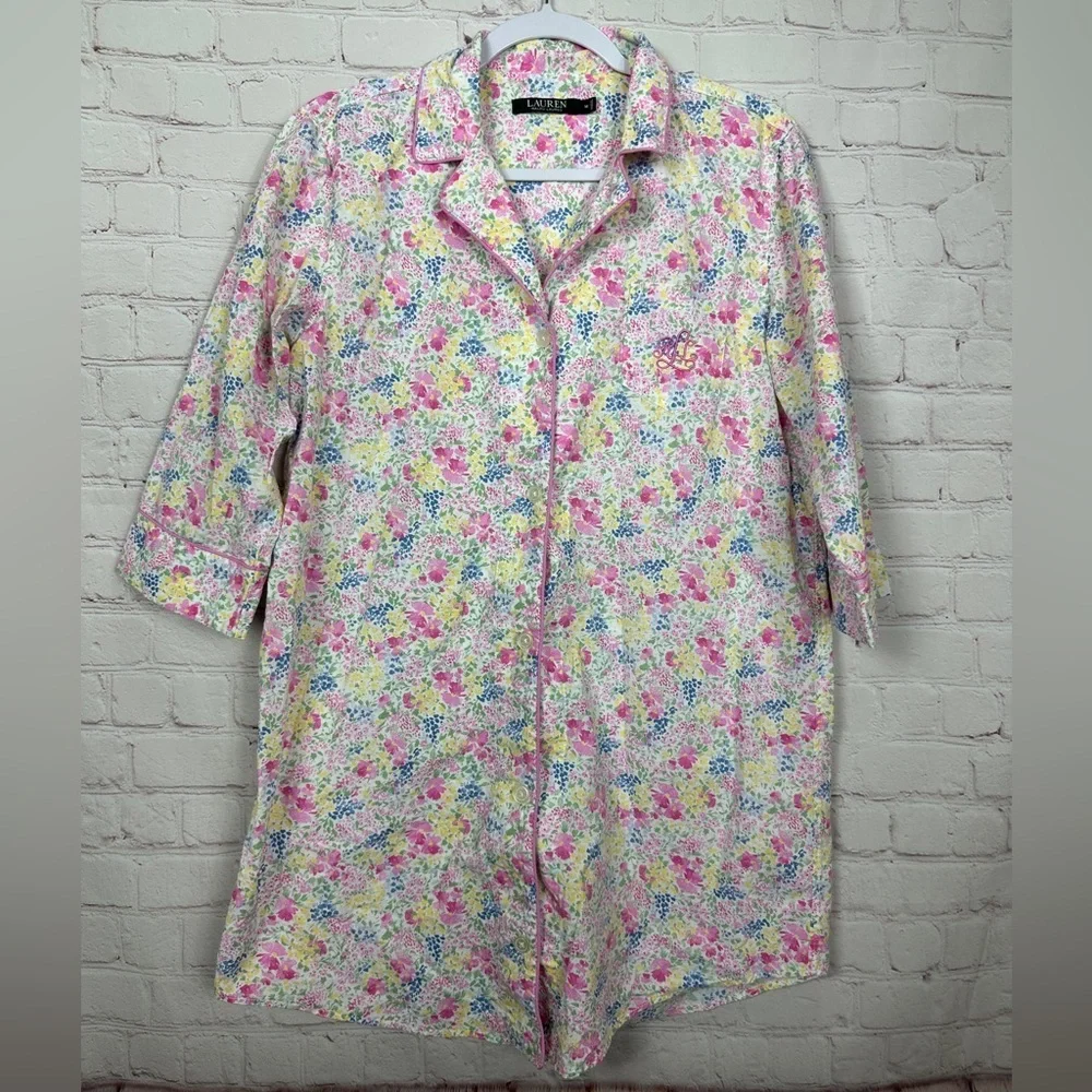 LRL Monogrammed Pink Floral Sleep Shirt Pajamas cotton‎ lightweight Sz M GUC
